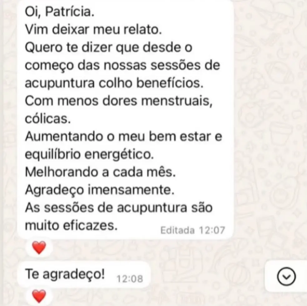 Feedback de paciente sobre benefícios percebidos com as sessões de acupuntura