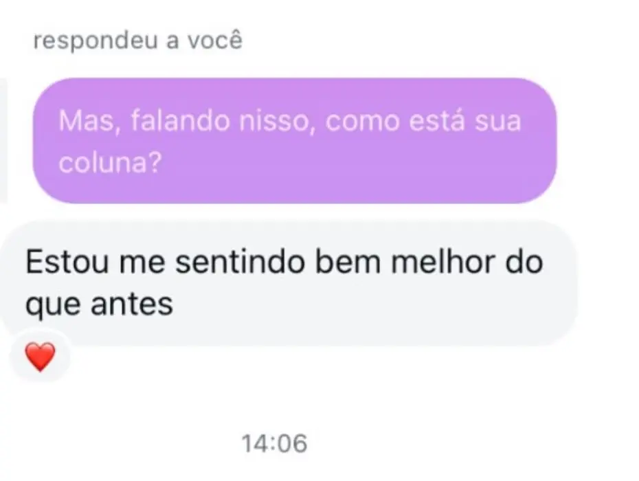 Feedback de paciente dizendo estar se sentindo melhor da coluna