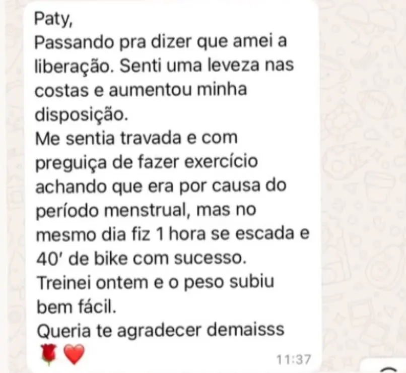 Feedback de paciente sobre leveza nas costas após liberação miofascial