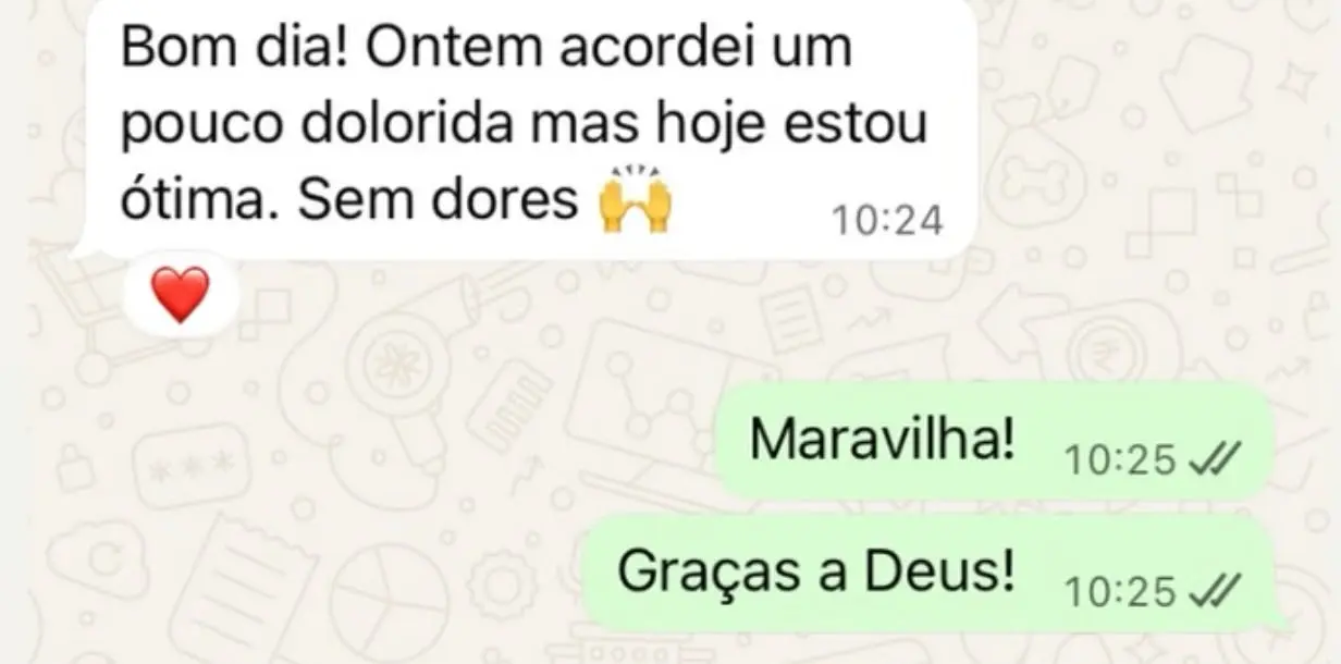 Feedback de paciente relatando estar ótima e sem dores